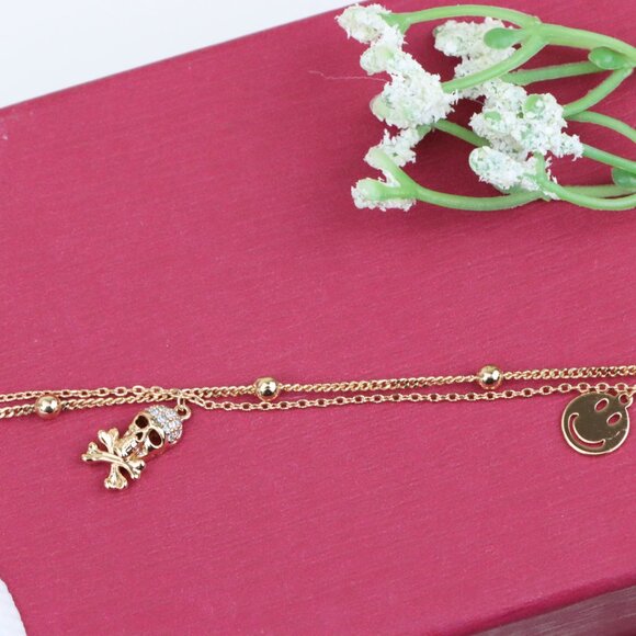 Rose Gold Double Layer Skull Bracelet with Crystal Accents, XPBL0674 - Picture 10 of 12